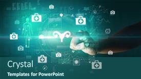  Presentation with medical hand - Theme featuring doctor-hand-pressing-futuristic-health background and a ocean colored foreground