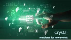  Presentation with medical hand - PPT theme with doctor-hand-pressing-futuristic-health background and a ocean colored foreground