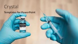  Presentation with syringe - Slide deck featuring doctor-hands-in-protective-gloves background and a soft green colored foreground