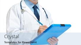  Presentation with writing - Slide deck featuring doctor hands writing on clipboard background and a light blue colored foreground