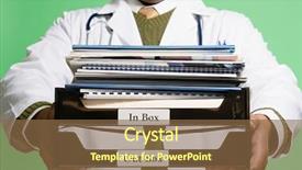  Presentation with paperwork - Slide deck having doctor holding a stack background and a tawny brown colored foreground