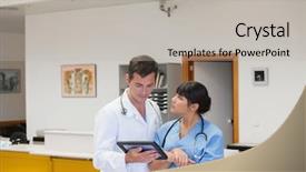 Presentation with healthcare workers - Slide deck consisting of doctor holding a tablet computer background and a light gray colored foreground