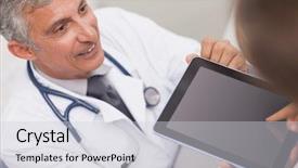  Presentation with healthcare workers - PPT theme featuring doctor holding a tablet computer background and a light gray colored foreground