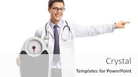  Presentation with weight - Colorful presentation theme enhanced with doctor holding a weight scale and pointing isolated on white background backdrop and a white colored foreground