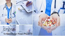  Presentation with drugs - Slides with doctor-holding-heap-of-drugs background and a light blue colored foreground