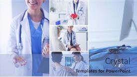  Presentation with drugs - Presentation theme featuring doctor-holding-heap-of-drugs background and a light blue colored foreground