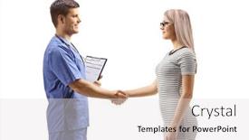  Presentation with shaking hands - PPT theme enhanced with doctor-in-a-blue-uniform background and a light gray colored foreground