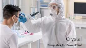  Presentation with doctor asian - Slides enhanced with doctor-in-biohazard-suit background and a light gray colored foreground