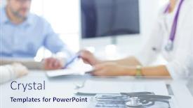  Presentation with clinic - PPT theme featuring doctor-in-clinic-asking-senior background and a sky blue colored foreground