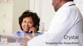  Presentation with nurse discussing family - PPT layouts enhanced with doctor in discussion with nurse background and a sky blue colored foreground