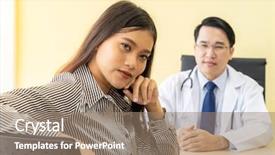  Presentation with portrait of excited overjoyed female - PPT layouts consisting of doctor in examination room medical background and a coral colored foreground
