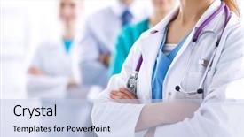  Presentation with female - Amazing slide deck having doctor in front of medical backdrop and a sky blue colored foreground