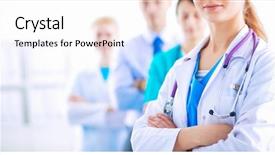  Presentation with female doctor - Audience pleasing slide deck consisting of doctor in front of medical backdrop and a sky blue colored foreground