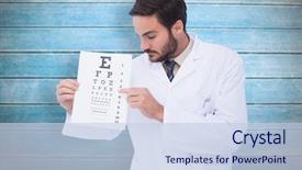  Presentation with lab test - Amazing theme having doctor in lab coat showing eye test against wooden planks backdrop and a sky blue colored foreground