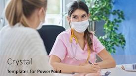  Presentation with female doctor - Colorful PPT layouts enhanced with doctor-in-mask-explaining-diagnosis backdrop and a coral colored foreground