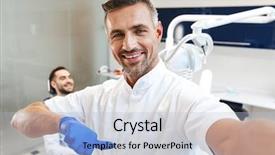  Presentation with happy image - Beautiful slide deck featuring doctor in medical dentist center backdrop and a light blue colored foreground