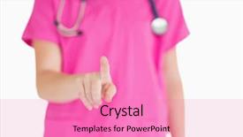  Presentation with scrubs - Audience pleasing slide deck consisting of doctor in pink scrubs pointing at something in front of her backdrop and a coral colored foreground