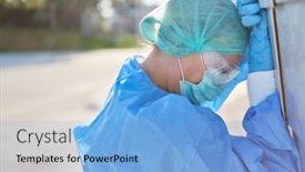  Presentation with coronavirus - Beautiful PPT theme featuring doctor-in-protective-clothing-during backdrop and a light blue colored foreground