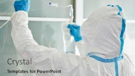  Presentation with patient care - Colorful slide deck enhanced with doctor-in-protective-clothing backdrop and a light gray colored foreground