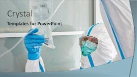  Presentation with intensive care unit - PPT theme enhanced with doctor-in-protective-clothing background and a light gray colored foreground