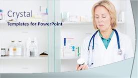  Presentation with pill bottle - Theme featuring doctor in uniform looking at pill-bottle in her hand and reading name of medicine background and a sky blue colored foreground