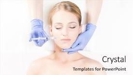  Presentation with plastic surgery - Colorful presentation theme enhanced with doctor injecting in a beautiful face of a young woman plastic surgery concept backdrop and a sky blue colored foreground