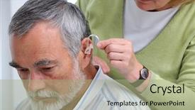  Presentation with medical ear - PPT layouts consisting of doctor inserting hearing aid background and a mint green colored foreground