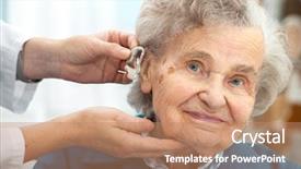  Presentation with hearing - PPT layouts enhanced with doctor inserting hearing aid background and a coral colored foreground