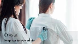  Presentation with patient and doctor - Slide deck consisting of doctor listens to patient using a stethoscope background and a light gray colored foreground