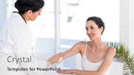  Presentation with patients - Presentation design having doctor looking at her patients arm in medical office background and a soft green colored foreground