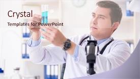  Presentation with sell lab coats - Audience pleasing PPT theme consisting of doctor looking at lab results backdrop and a sky blue colored foreground