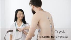  Presentation with cycling - Amazing PPT layouts having doctor looking at patient cycling with electrodes attached on ba backdrop and a mint green colored foreground