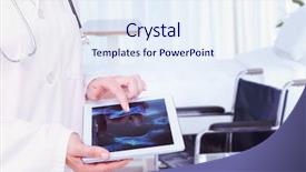  Presentation with xray - Presentation design consisting of doctor looking at xray on tablet against bright white room with windows background and a sky blue colored foreground