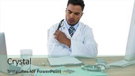  Presentation with medical desk - Amazing PPT theme having doctor looking medical report backdrop and a mint green colored foreground