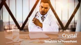  Presentation with medical desk - Amazing PPT theme having doctor looking medical report backdrop and a coral colored foreground