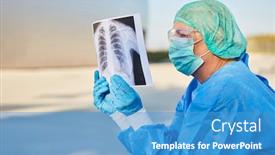  Presentation with covid - Amazing PPT layouts having doctor-looks-at-x-ray backdrop and a teal colored foreground