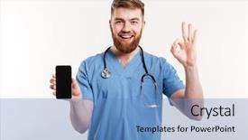  Presentation with man holding phone - Colorful presentation theme enhanced with doctor man holding blank phone backdrop and a teal colored foreground