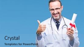  Presentation with certificate - Audience pleasing PPT layouts consisting of doctor man holding degree certificate backdrop and a light blue colored foreground