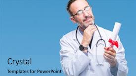  Presentation with certificate - Beautiful theme featuring doctor man holding degree certificate backdrop and a light blue colored foreground