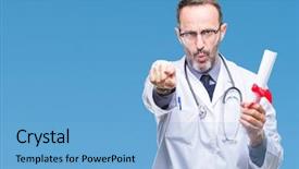  Presentation with certificate - Beautiful presentation design featuring doctor man holding degree certificate backdrop and a light blue colored foreground