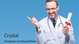  Presentation with certificate - Beautiful theme featuring doctor man holding degree certificate backdrop and a light blue colored foreground