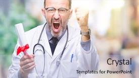  Presentation with certificate - Colorful PPT theme enhanced with doctor man holding degree certificate backdrop and a  colored foreground