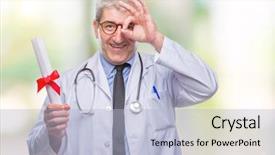  Presentation with black eye doctor - Colorful PPT layouts enhanced with doctor man holding degree paper backdrop and a light blue colored foreground