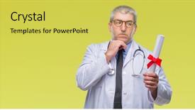  Presentation with questions question marks idea - Slide set having doctor man holding degree paper background and a  colored foreground