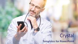  Presentation with questions question marks idea - Beautiful PPT layouts featuring doctor man texting using smartphone backdrop and a sky blue colored foreground