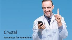  Presentation with happy sad face man - Audience pleasing PPT theme consisting of doctor man texting using smartphone backdrop and a  colored foreground