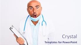  Presentation with clipboard stethoscope - Presentation design featuring doctor man wearing stethoscope and mask holding clipboard over isolated white background scared in shock with a surprise face afraid and excited with fear expression background and a sky blue colored foreground