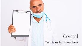  Presentation with clipboard stethoscope - Amazing slide deck having doctor-man-wearing-stethoscope backdrop and a sky blue colored foreground