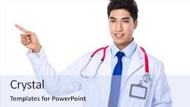 Presentation with finger point - Audience pleasing slide deck consisting of doctor man with finger point up backdrop and a light blue colored foreground