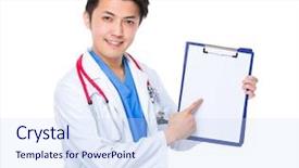 Presentation with finger point - Colorful PPT theme enhanced with doctor man with finger point to clipboard backdrop and a sky blue colored foreground